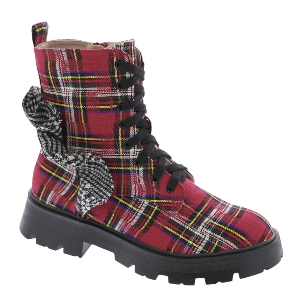 Betsey Johnson Women's Rozey Contrast Ruffle Combat Boots Red Plaid Size 5